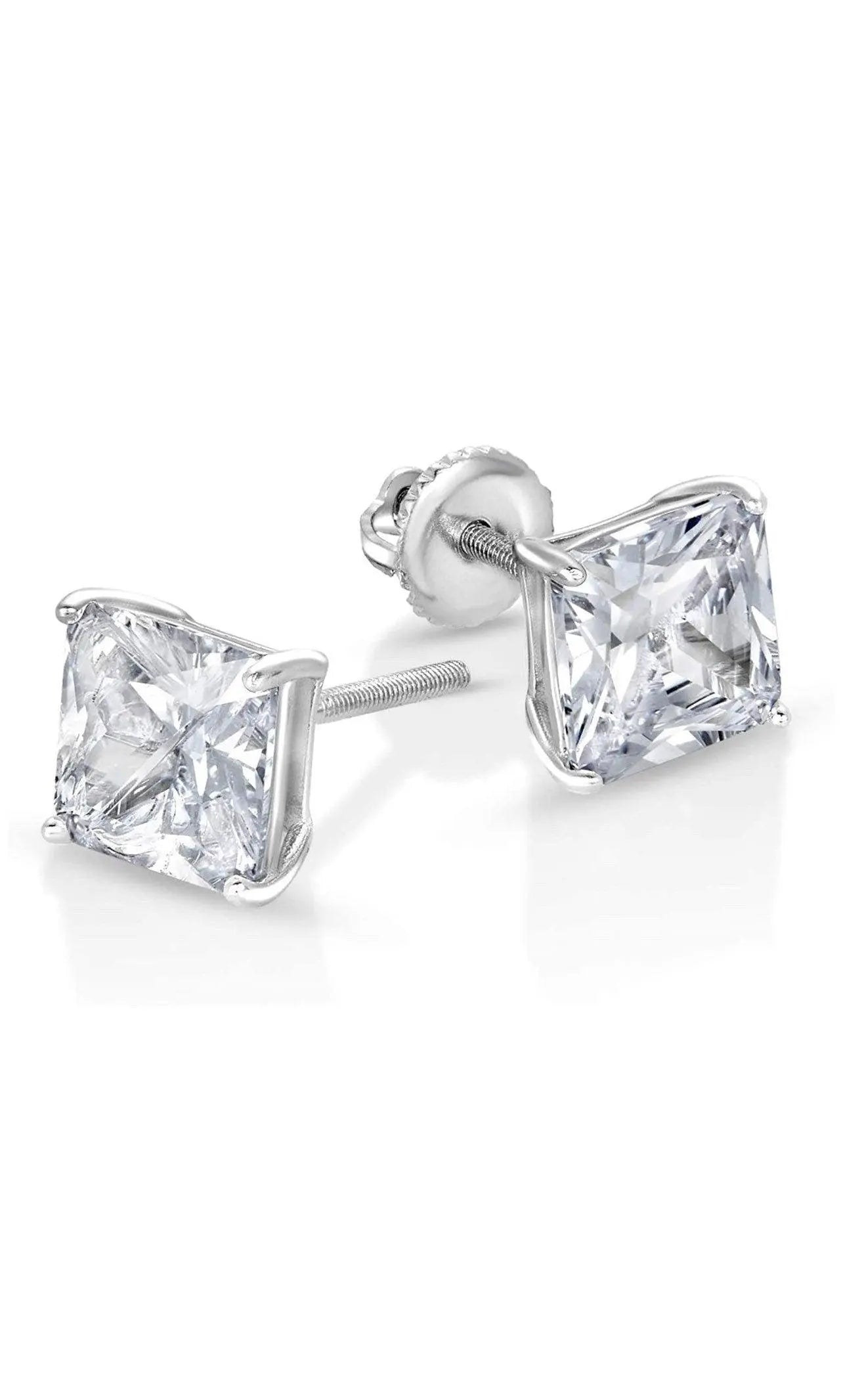 925 Sterling Silver Square Princess Cut Screw Back Stud Earrings - ADIRFINE 