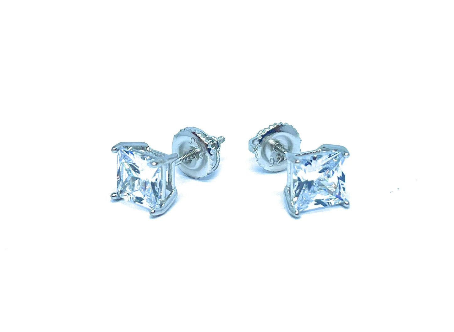 925 Sterling Silver Square Princess Cut Screw Back Stud Earrings - ADIRFINE 