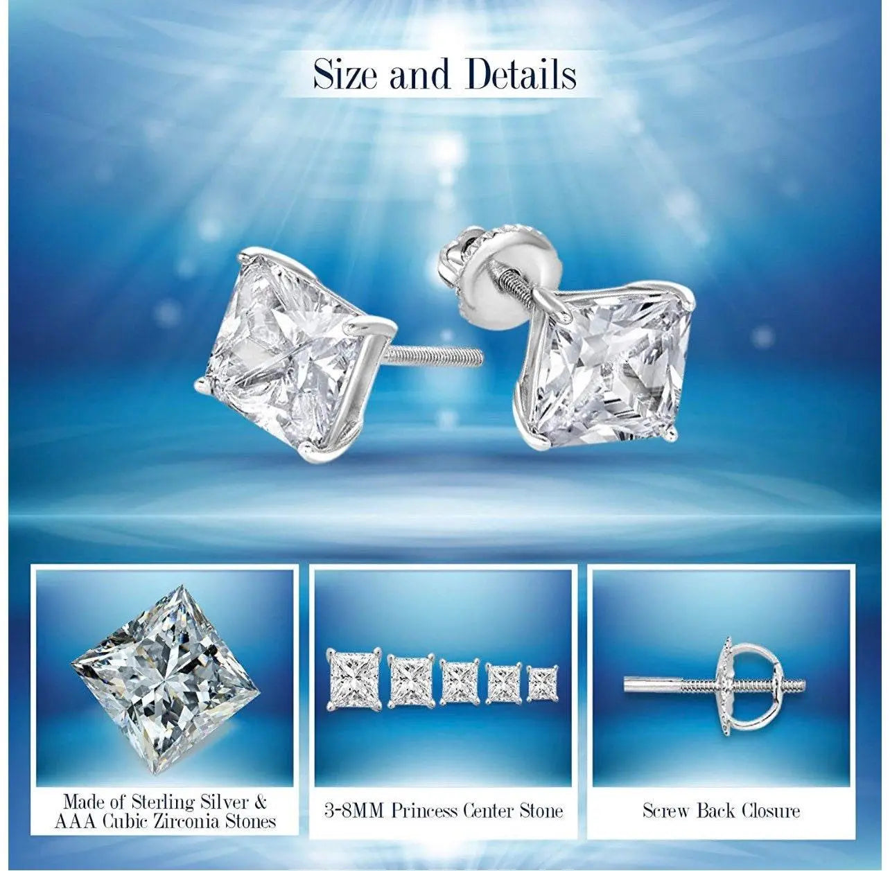 925 Sterling Silver Square Princess Cut Screw Back Stud Earrings - ADIRFINE 