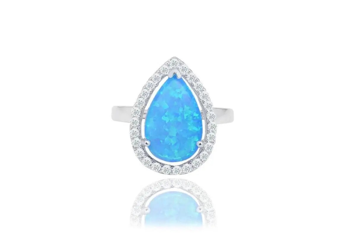 925 Sterling Silver Teardrop Opal Halo CZ Ring - ADIRFINE 