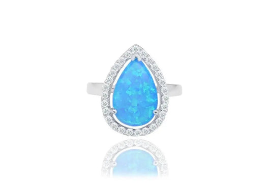 925 Sterling Silver Teardrop Opal Halo CZ Ring - ADIRFINE 