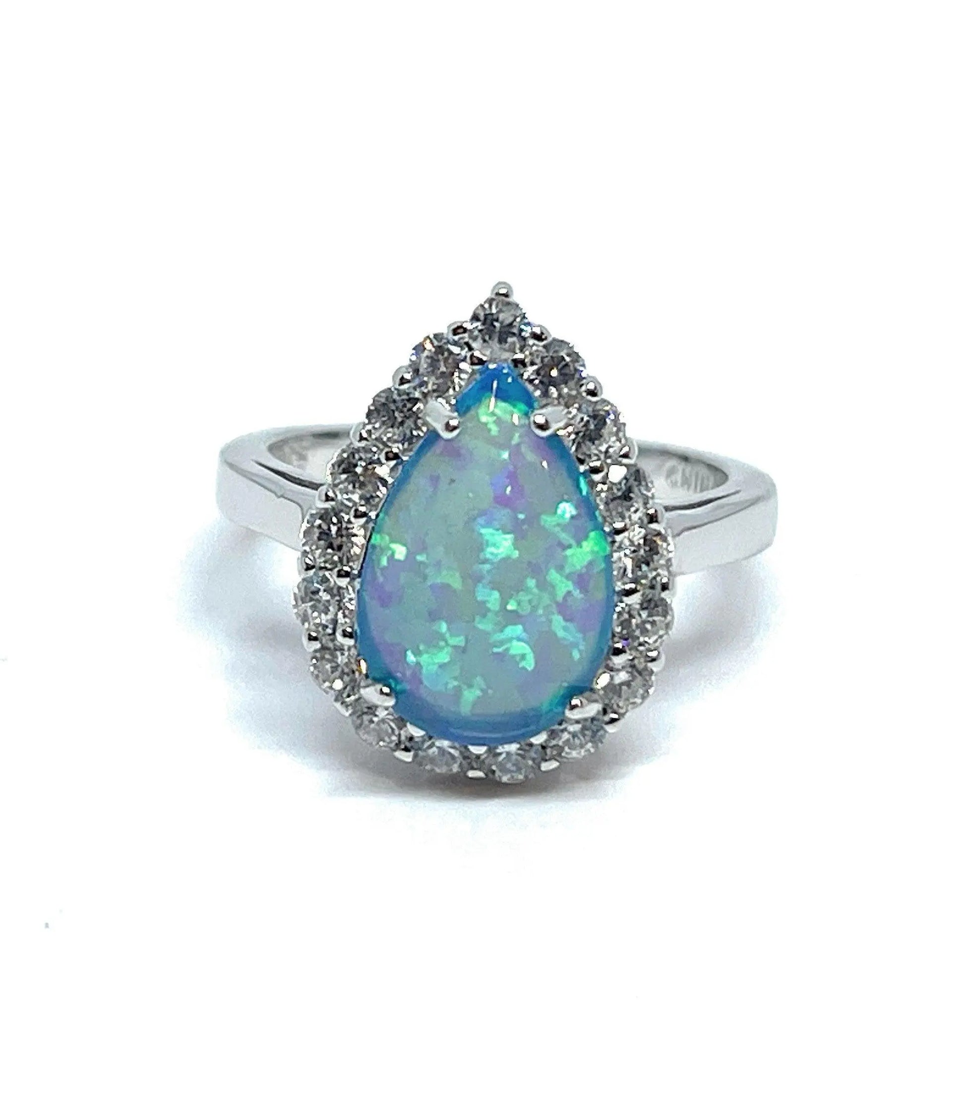 925 Sterling Silver Teardrop Opal Halo CZ Ring - ADIRFINE 