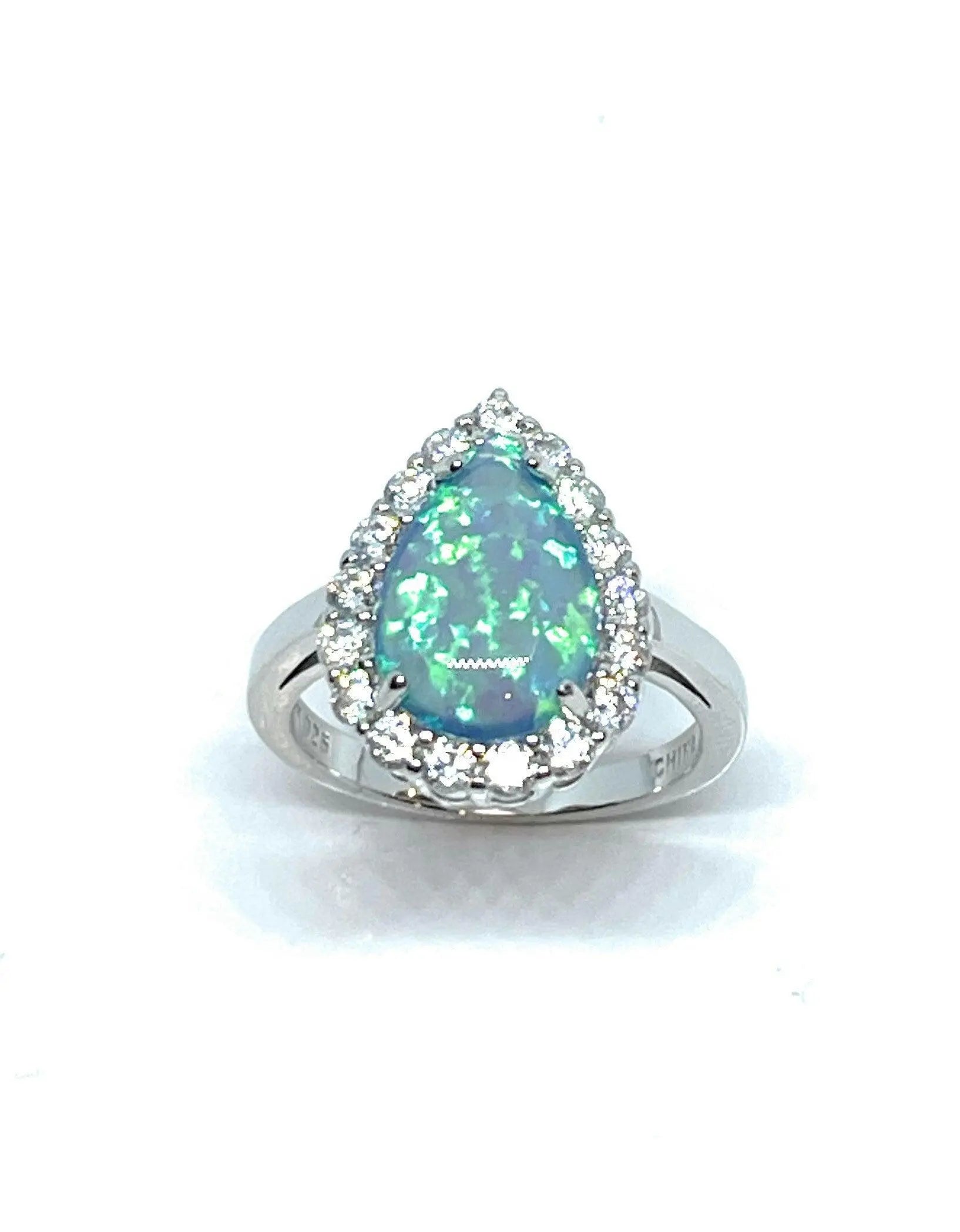 925 Sterling Silver Teardrop Opal Halo CZ Ring - ADIRFINE 