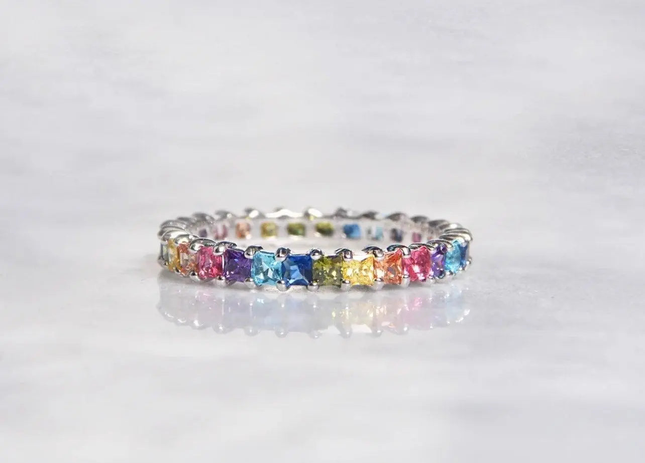 925 Sterling Silver Thin Multi Colored Rainbow Princess Cut Cubic Zirconia Eternity Band - ADIRFINE 