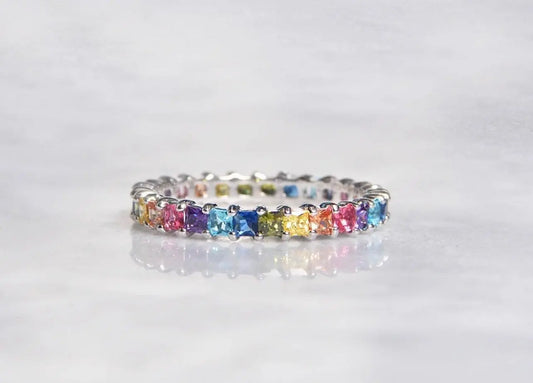 925 Sterling Silver Thin Multi Colored Rainbow Princess Cut Cubic Zirconia Eternity Band - ADIRFINE 