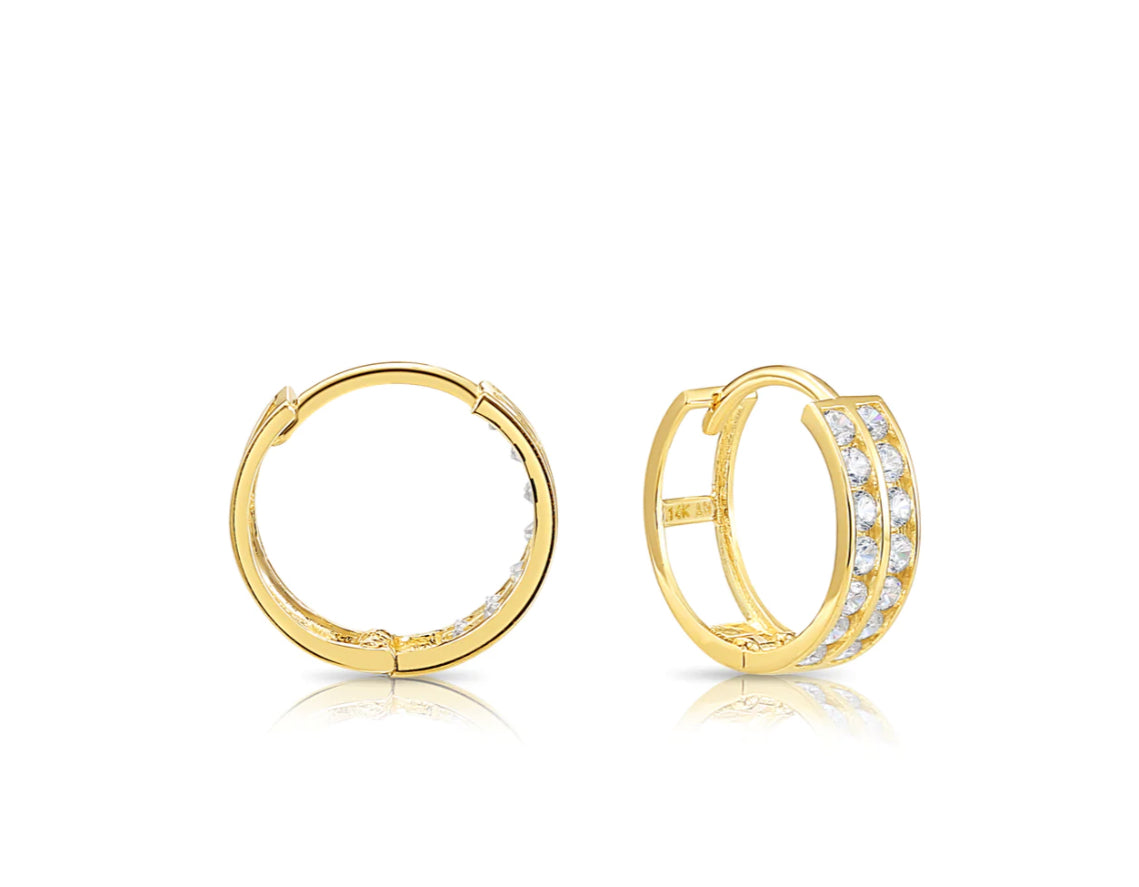 ADIRFINE 10K Solid Gold Two Row Round Cubic Zirconia Huggie Hoop Earrings