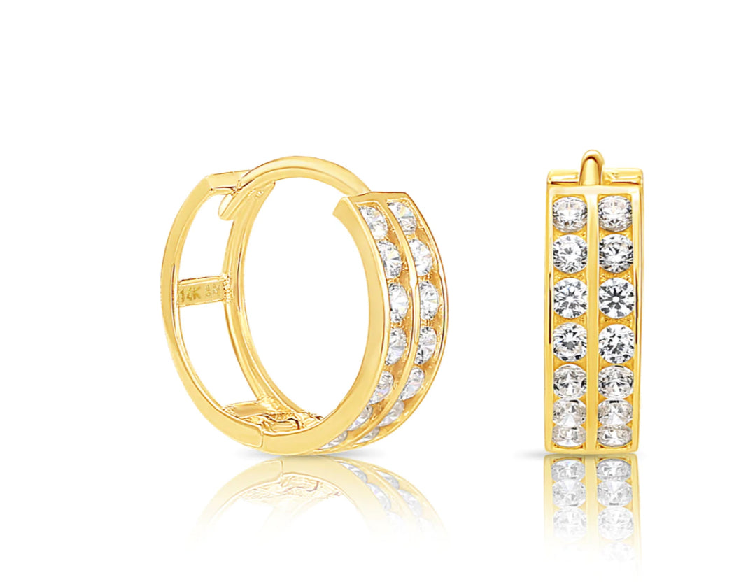 ADIRFINE 10K Solid Gold Two Row Round Cubic Zirconia Huggie Hoop Earrings