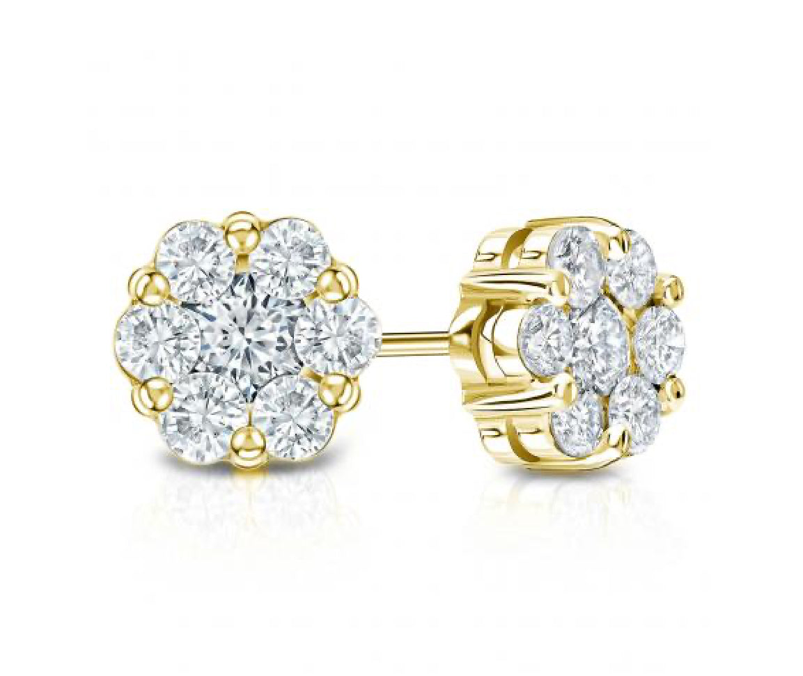 ADIRFINE 10K Solid Gold Cubic Zirconia Cluster Flower Pushback Stud Earrings