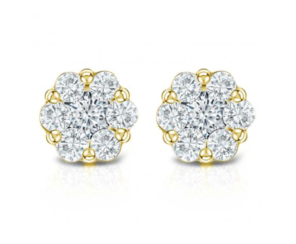 ADIRFINE 10K Solid Gold Cubic Zirconia Cluster Flower Pushback Stud Earrings