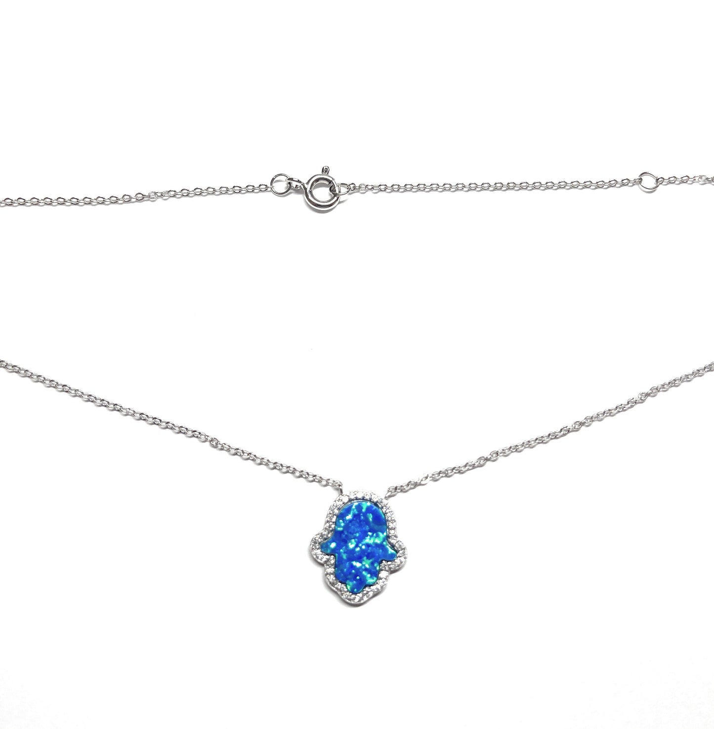 ADIRFINE 925 Sterling Silver Opal Hamsa Charm Necklace